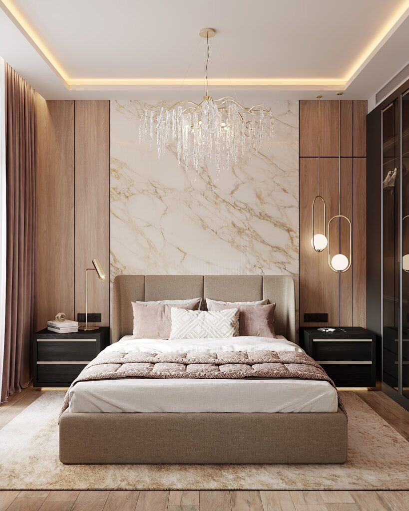 Dormitor modern cu influențe clasice, amenajat în Dubai, cu o paletă de culori în tonuri de maro, bej și crem și utilizarea rafinată a marmurei.