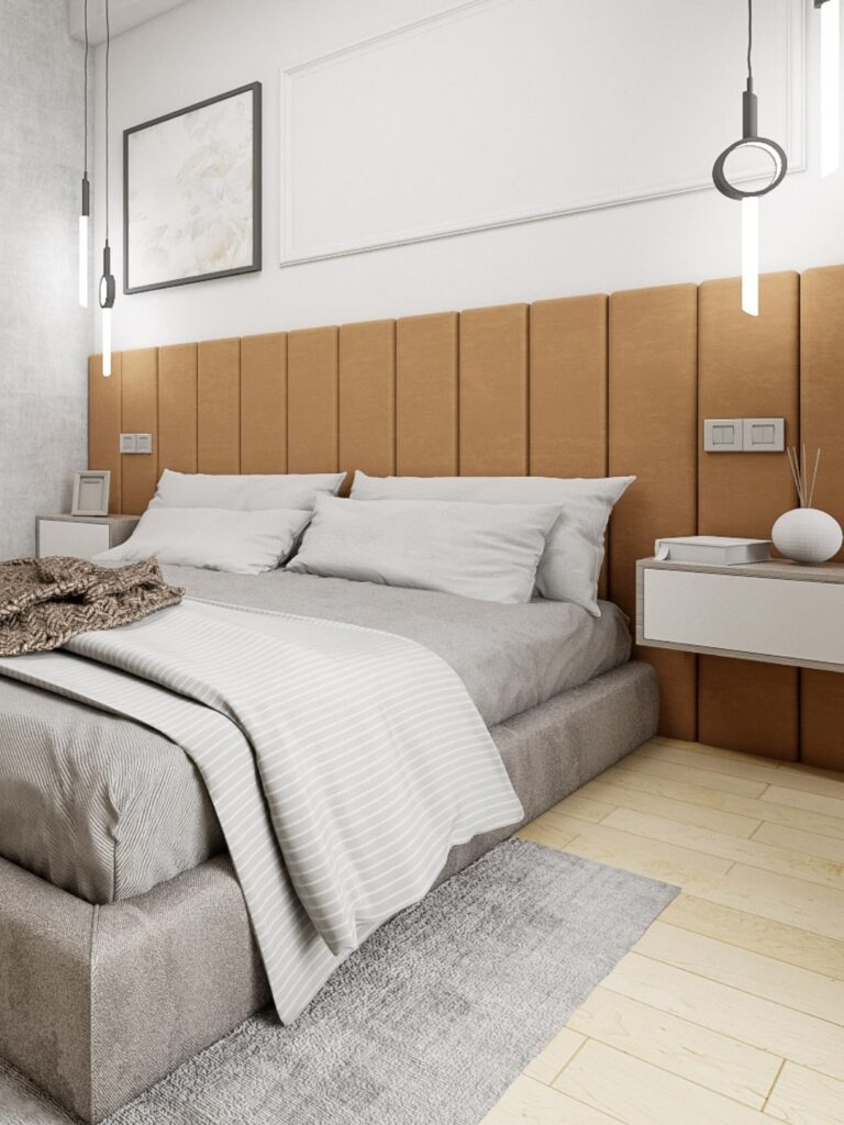 Dormitor amenajate in stil scandinav folosind culorile maro, alb, crem si gri. In imagine putem vedea un pat mare, incadrat intre doua noptiere simetrice in cadrul dormitorului.