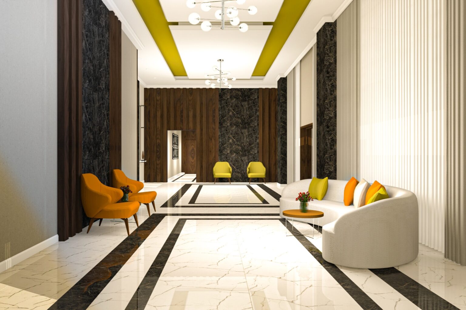Un hol impresionant, cu podea de marmura si detalii moderne si rustice, care creeaza o atmosfera eleganta si autentica.
