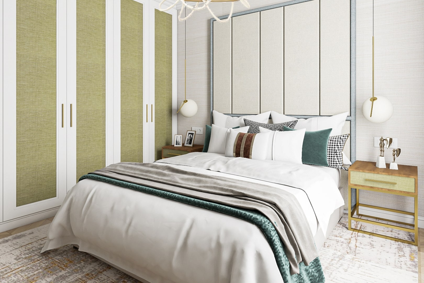 Dormitor amenajat in stil modern, culorile naturale completand perfect intregul design al camerei.