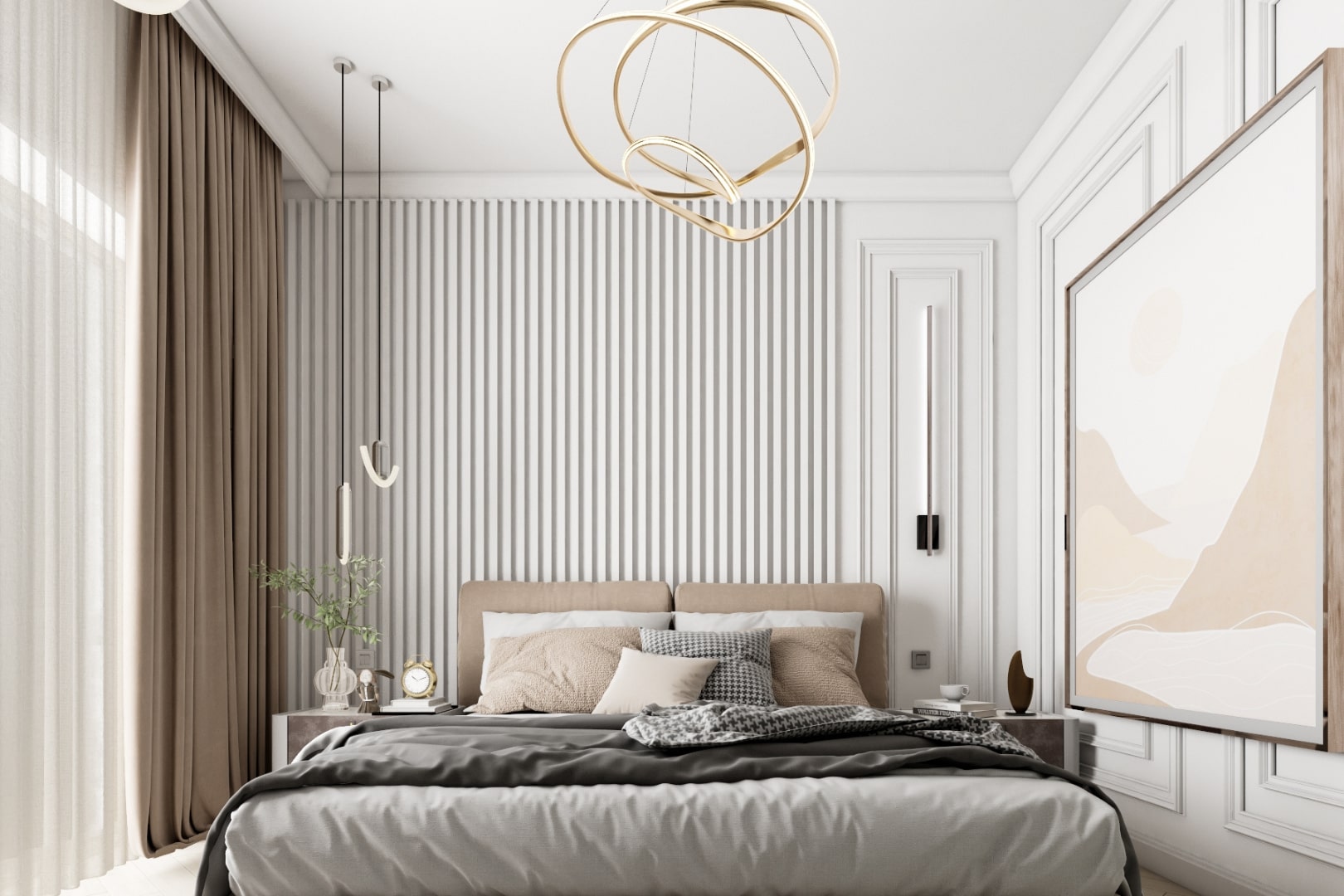 Design dormitor minimalist cu un riflaj mmodern si un pat inalt cu perne mari de culaore maro.
