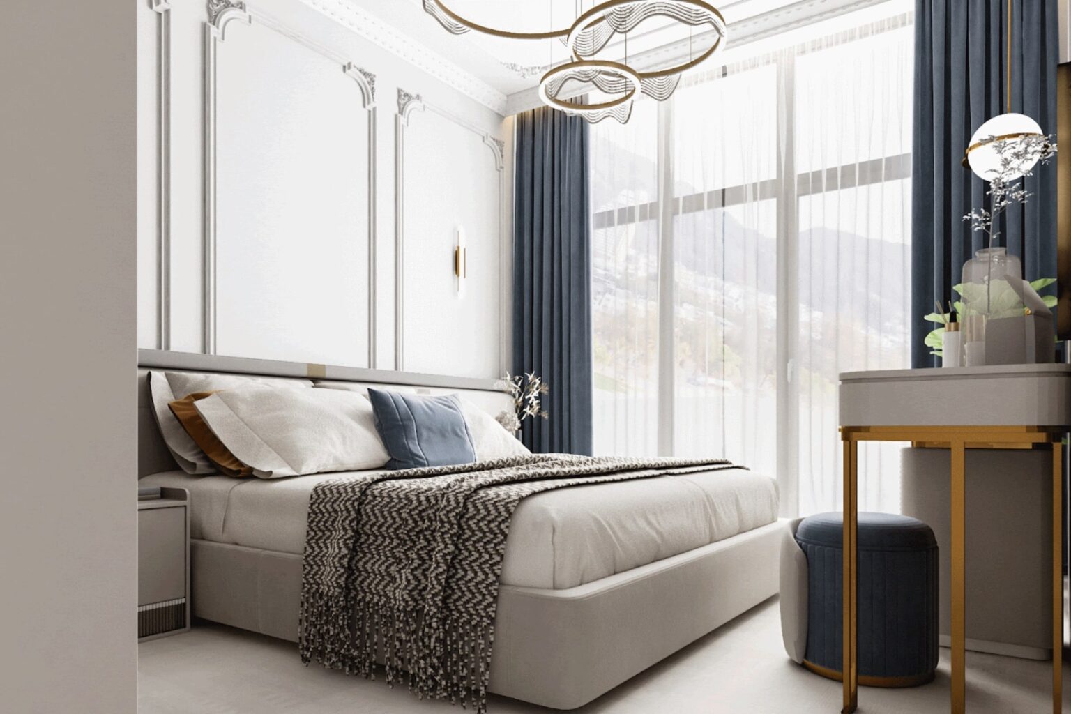 Dormitor clasic intr-o locuinta cu un design de interior de lux.