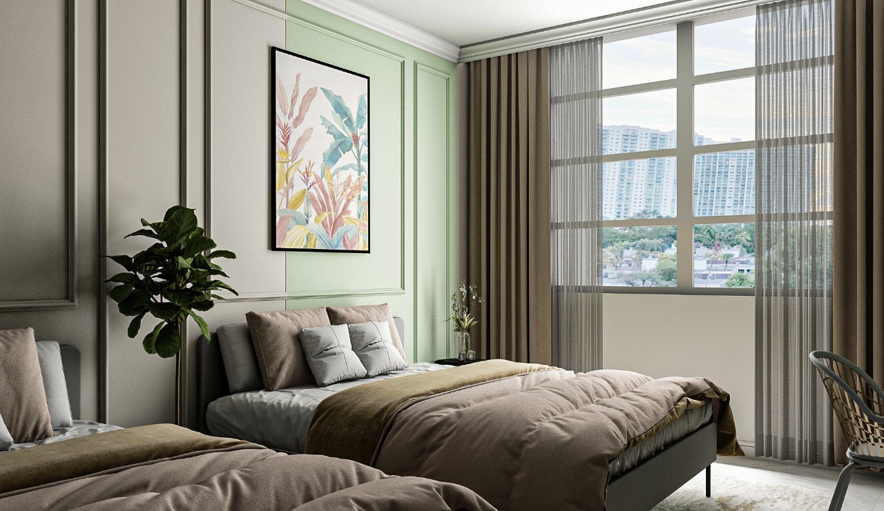 Un design interior pentru un dormitor de culoare verde si crem, cu un pat mediu si o priveliste frumoasa asupra orasului Miami.