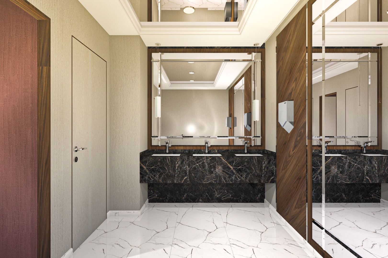 Design interior de lux pentru o baie a unui restaurant.
