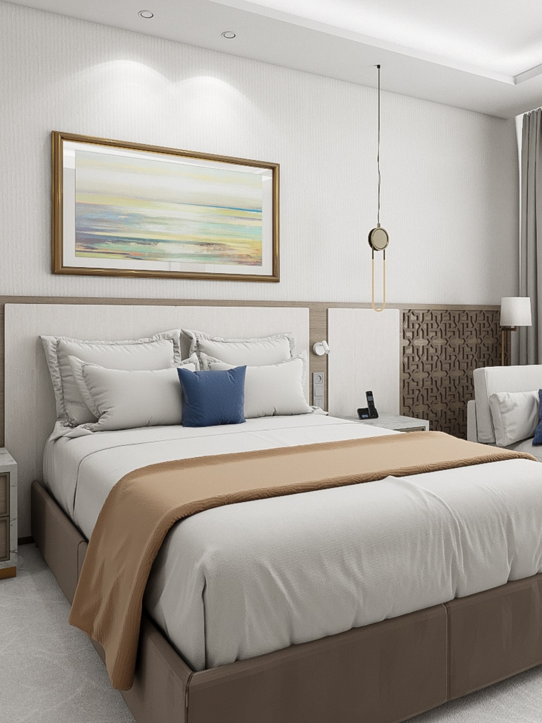 Dormitor de hotel amenajat in stil minimalist si cu o vedere catre mare.