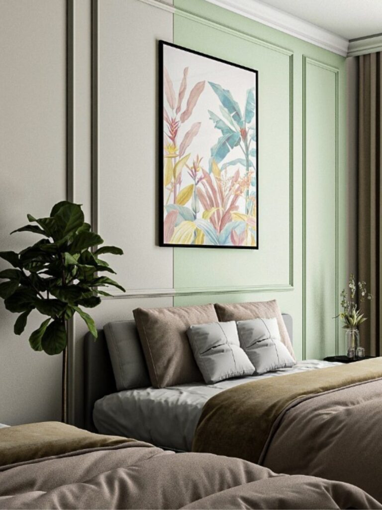 Imagine dormitor modern amenajat in culori de verde deschis cu o planta inalta langa pat.