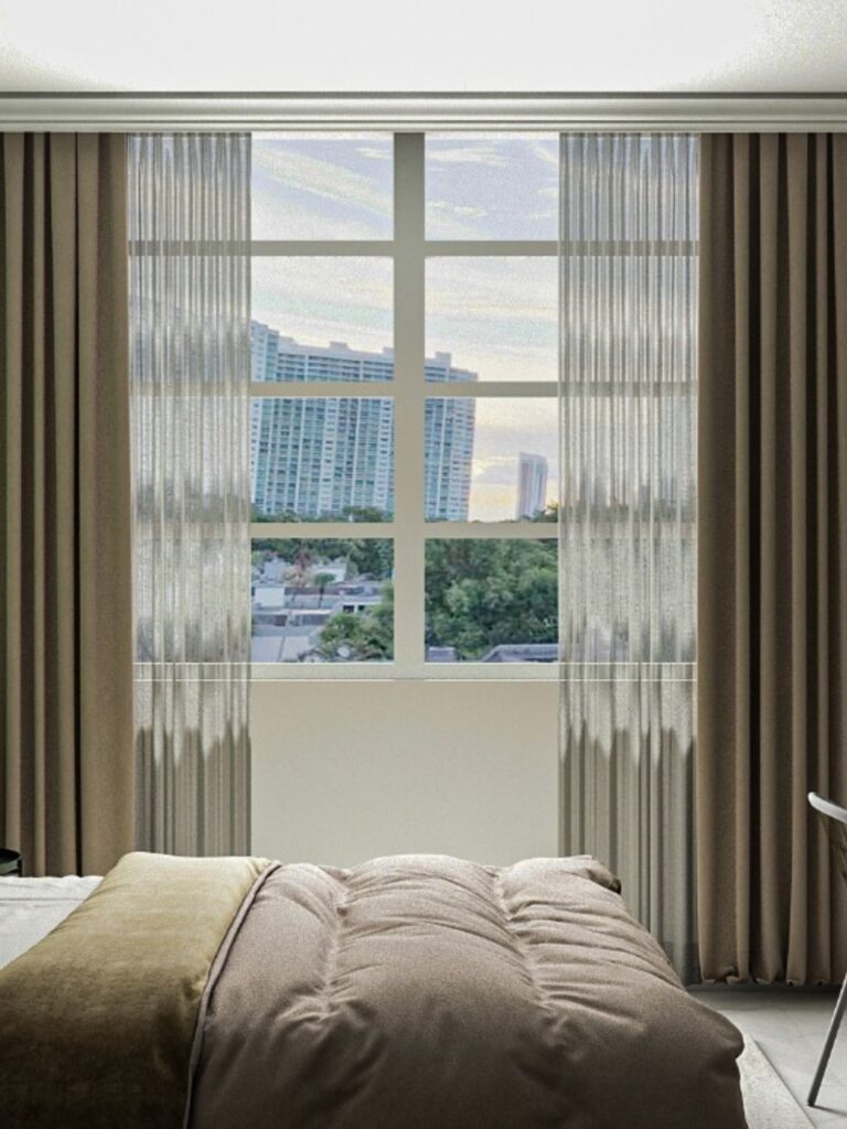 Dormitor amenajate in stil modern folosind tonuri de verde. Patul este acoperit de textile calitative in diferite tonuri de maro, asortate cu designul interior al camerei.