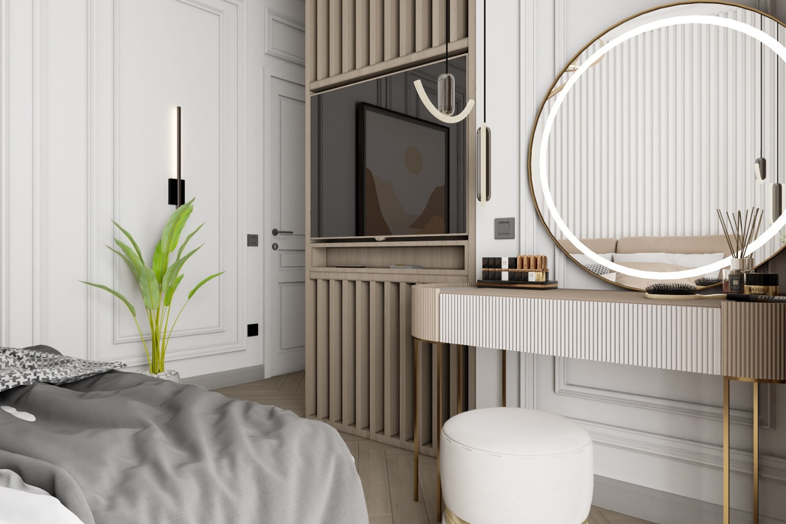 Idee de design interior pentru un dormitor modern cu accente clasice si rafinate.