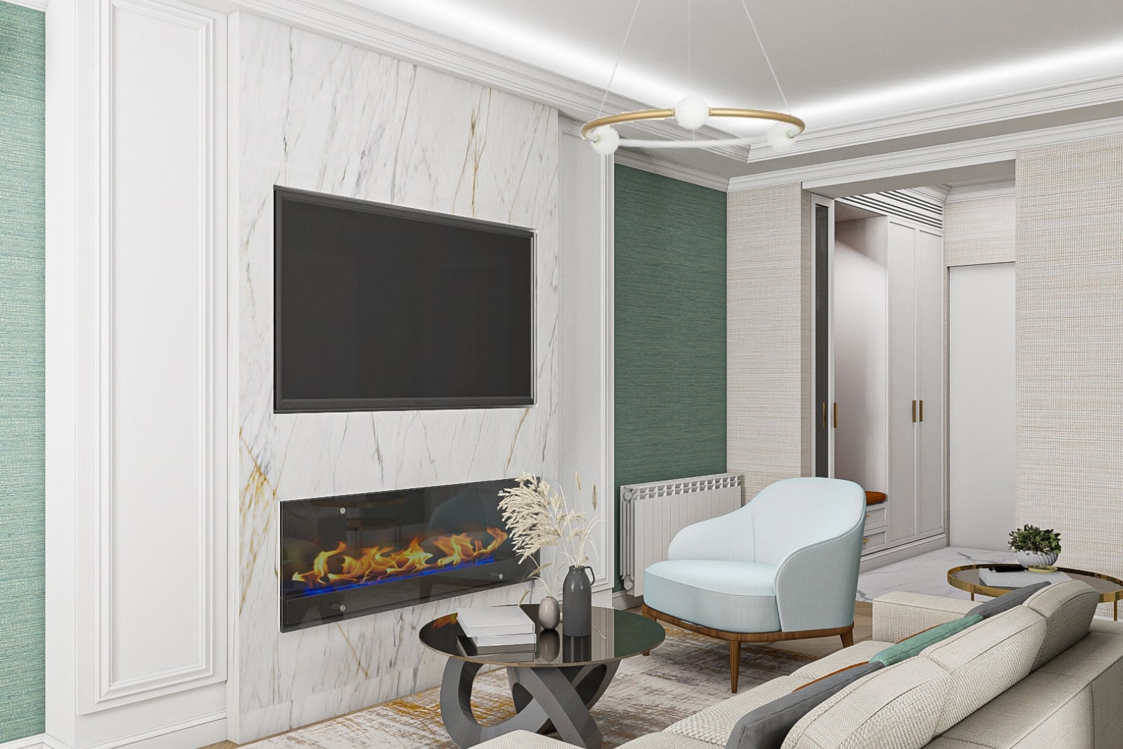 Idee design interior pentru un perete de accent din marmura cu un televizor.