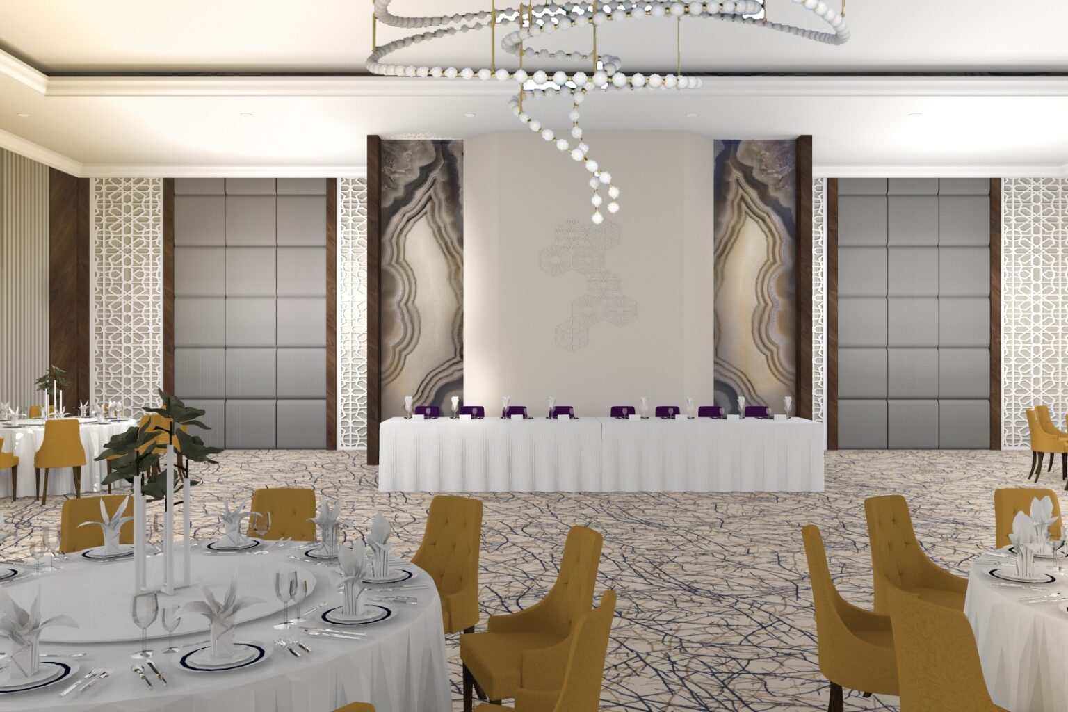 Sala de evenimente de lux, cu un design interior futurist si elemente clasice, cum ar fi candelabrele elegante si opulente.