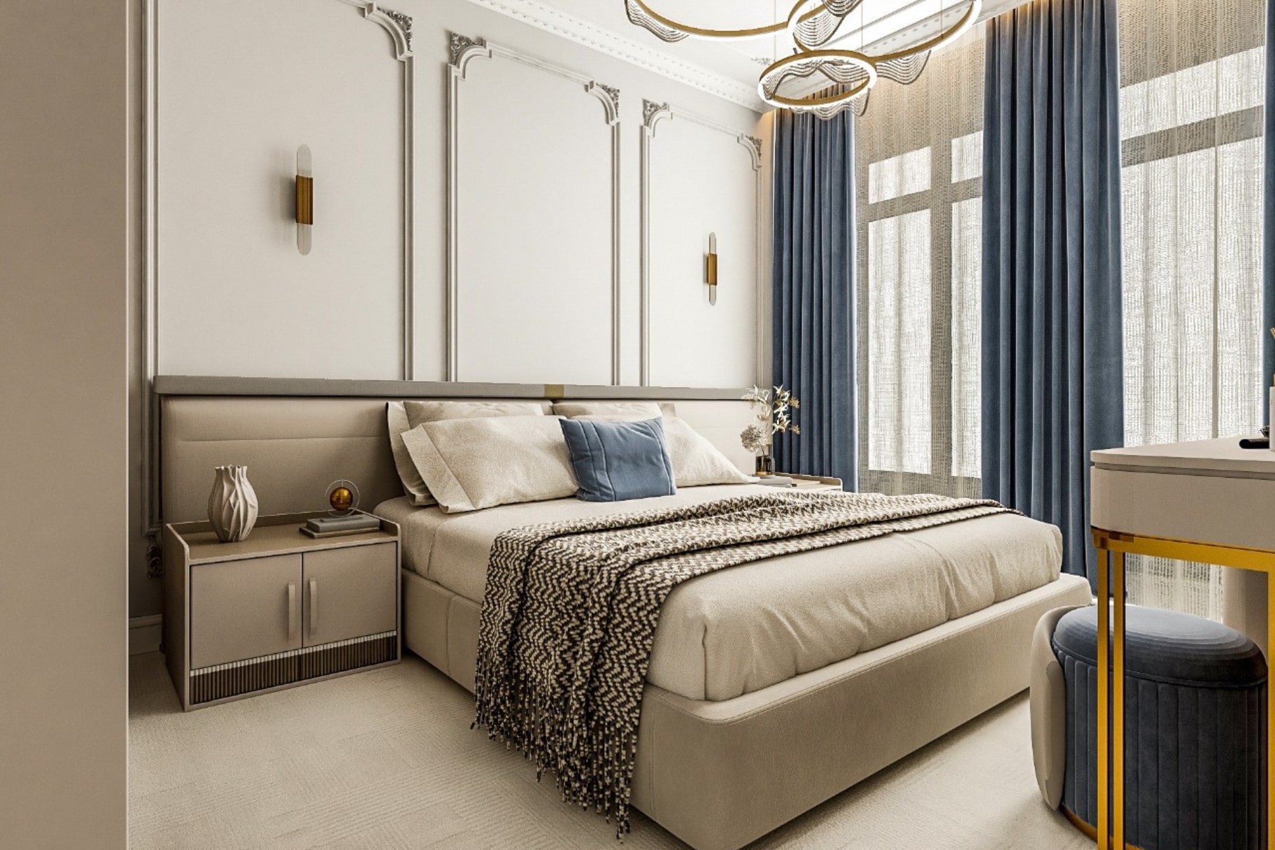 Idei design pentru un dormitor clasic cu elemente scumpe. Patul este in mijlocul camerei, noptierele sunt asezat lateral