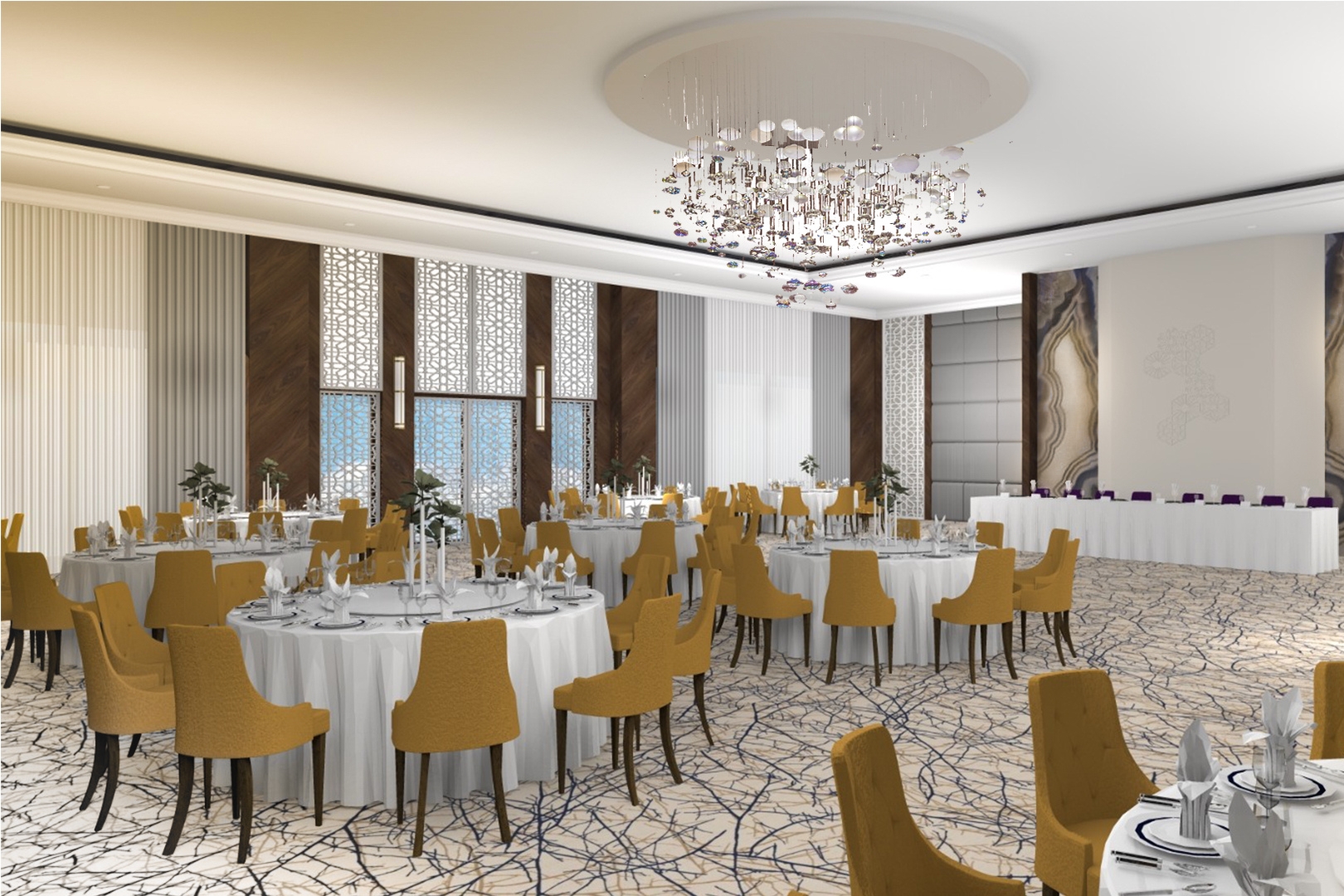Sala de evenimente de lux, cu un design interior modern și elegante candelabre clasice