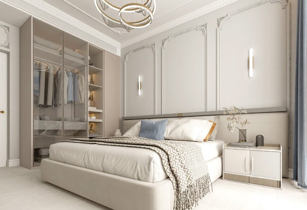 Amenajare dormitor in stil clasic cu un pat mare si un dulap modern cu usi de sticla realizat la comanda.