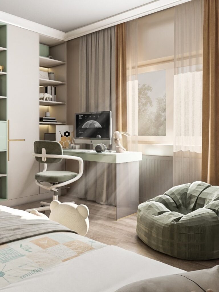 Randare dormitor modern in care putem vedea un birou si un scaun ergonomic pentru birou. Soarele intra pe geam si lumineaza intreaga camera.