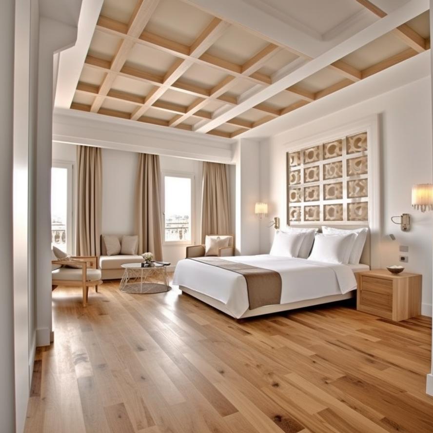 Camera de hotel amenajata cu mult lemn si cu un pat generos acoperit de materiale albe.